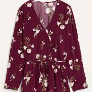 Old Navy Burgundy Floral Long Sleeve Tie-Waist Blouse - Large Tall